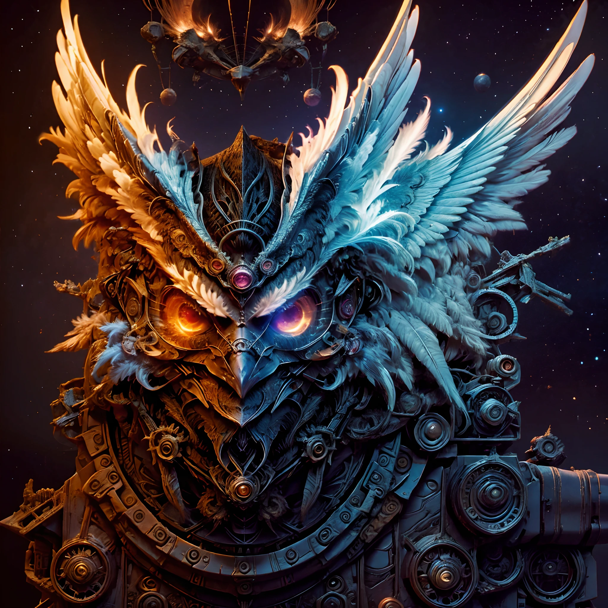 (Phoenix Bird Head), (Burning eyes) background: outer space, style of: ghotic, a closeup of a ................3d