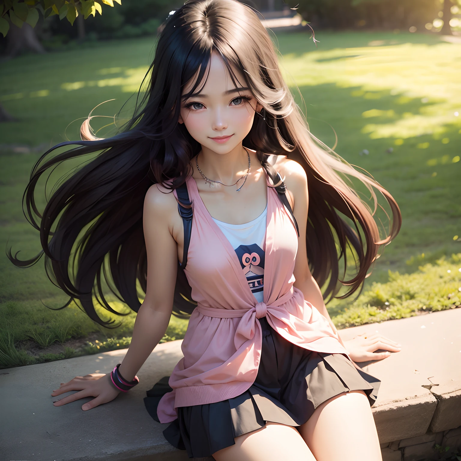 (masterpiece:1.2, best quality), 1girls, solo , , slim, (completely naked), long hair, smile, fun, laugh, play, erotic pose, (sitting on bench), (spread legs), (hands fingering), railway in background, summer, vibrant colors, bright, watercolor