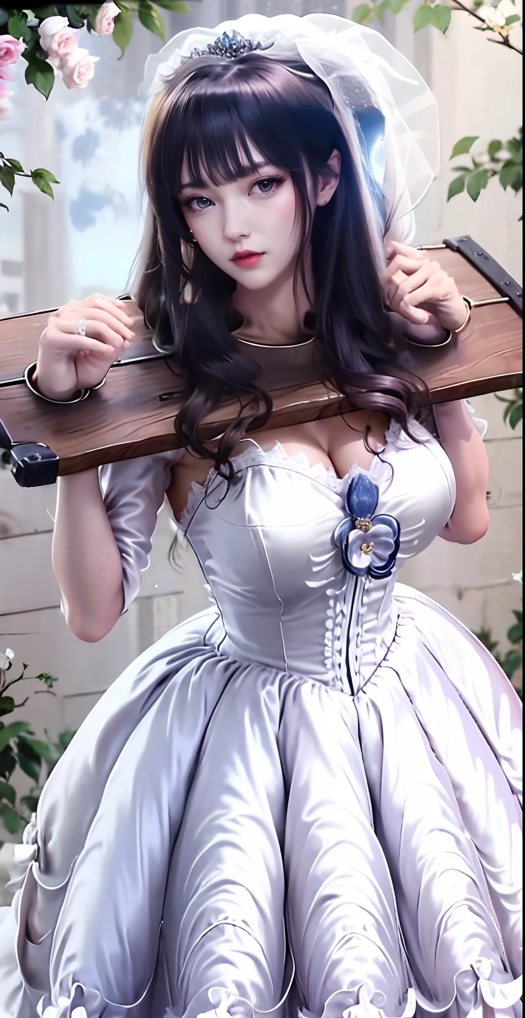 Close-up of a beautiful bride wearing a beautiful wedding dress, Gurwitz,（Pillory：1.5）, （flail：1.2）,  flail on the head, flail on the hands,full body photo,  whole body, (bridal veil: 1.5), (transparent short veil: 1.5), flushed face, head flower, tiara, Very detailed princess wedding dress,(tube wedding dress: 1.5), (silk dress: 1.2 ), (strapless wedding dress: 1.5), （floor length skirt：1.2）, pure white dress,white long skirt, necklace, earrings, (huge breasts: 1.3), deep V heart-neck wedding dress, bangs, lipstick, (lace gloves: 1.3),  high detail RAW Color art,