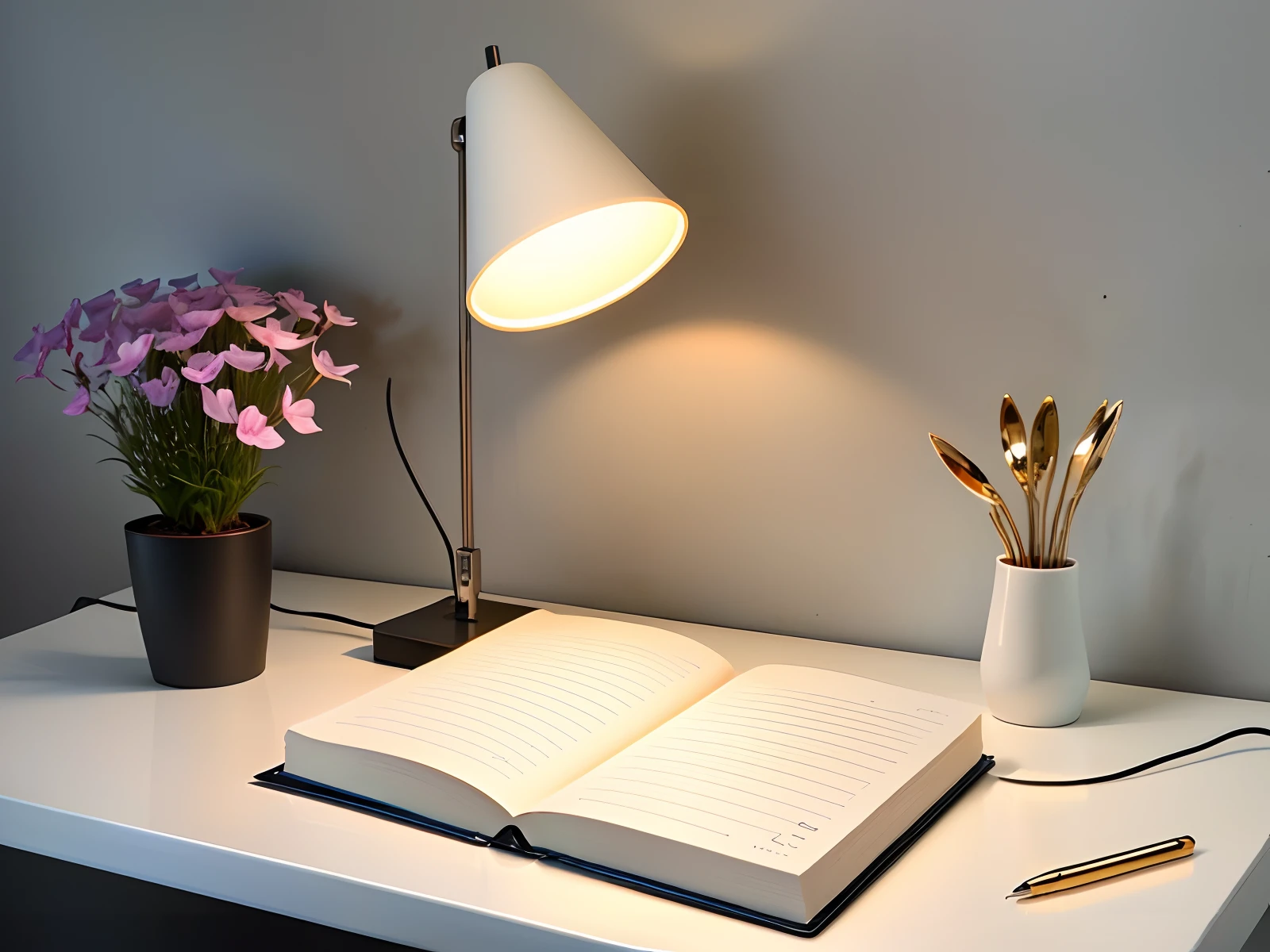 White table lamp stands on white table and shines on open notebook, background white, extreme minimalism, product photo