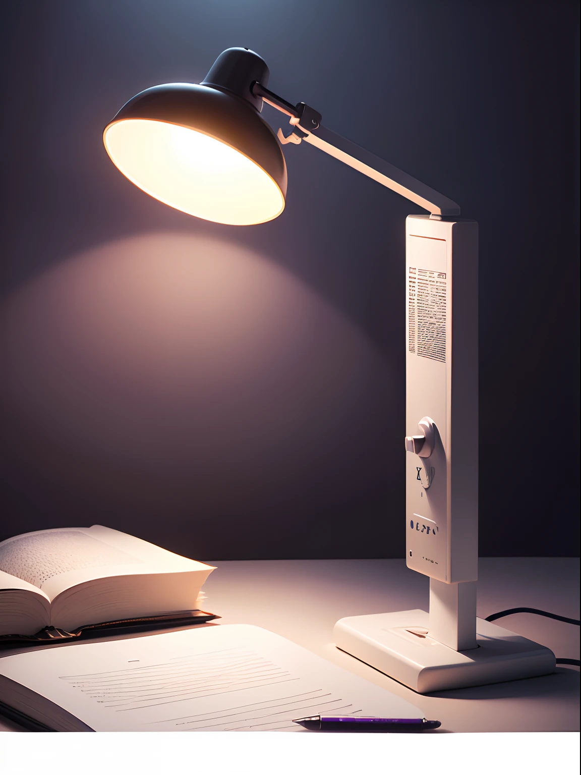 (best quality,ultra-detailed,highres:1.2),professional,sharp focus,extreme minimalism,white table lamp,dark purple plane,open notebook,dark background,rich lamp light,top product,amazon photo --auto