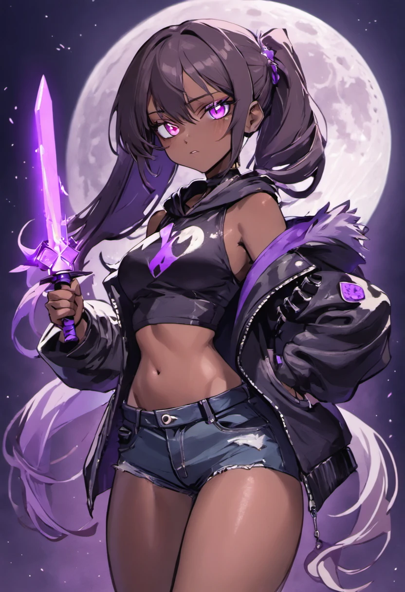 Big breasted dark skinned anime girl with lavender/yellow eyes holding a kunai in front of a full moon, in an anime style, anime style character, in anime style, inspired by Jin Homura, flat anime style, hetrochromia. Dark skinned woman wearing an hooded leather jacket in an off-shoulder manner and ripped jeans. Hair bangs covering left eye, ponytail