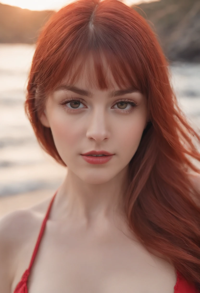 mejor calidad, obra maestra, A super realistic image, Ultra detallado, Piel con textura realista, 4k-resolution, Obro antes, profesional photography, Make a realistic image of a 20-year-old girl with straight hair and red bangs, ojos azules, Cara hermosa y dulce, con tetas grandes, usando un bikini rojo en la playa.