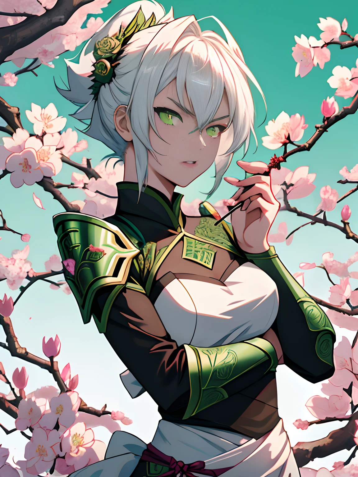 Asian girl with glowing green eyes, pure short white hair, fierce determination, killer intent, female, anime style, 4k image ,wrapped around in rose vines, wearing green dragon pattern metal armor outfit, ethereal, cherry blossom  background