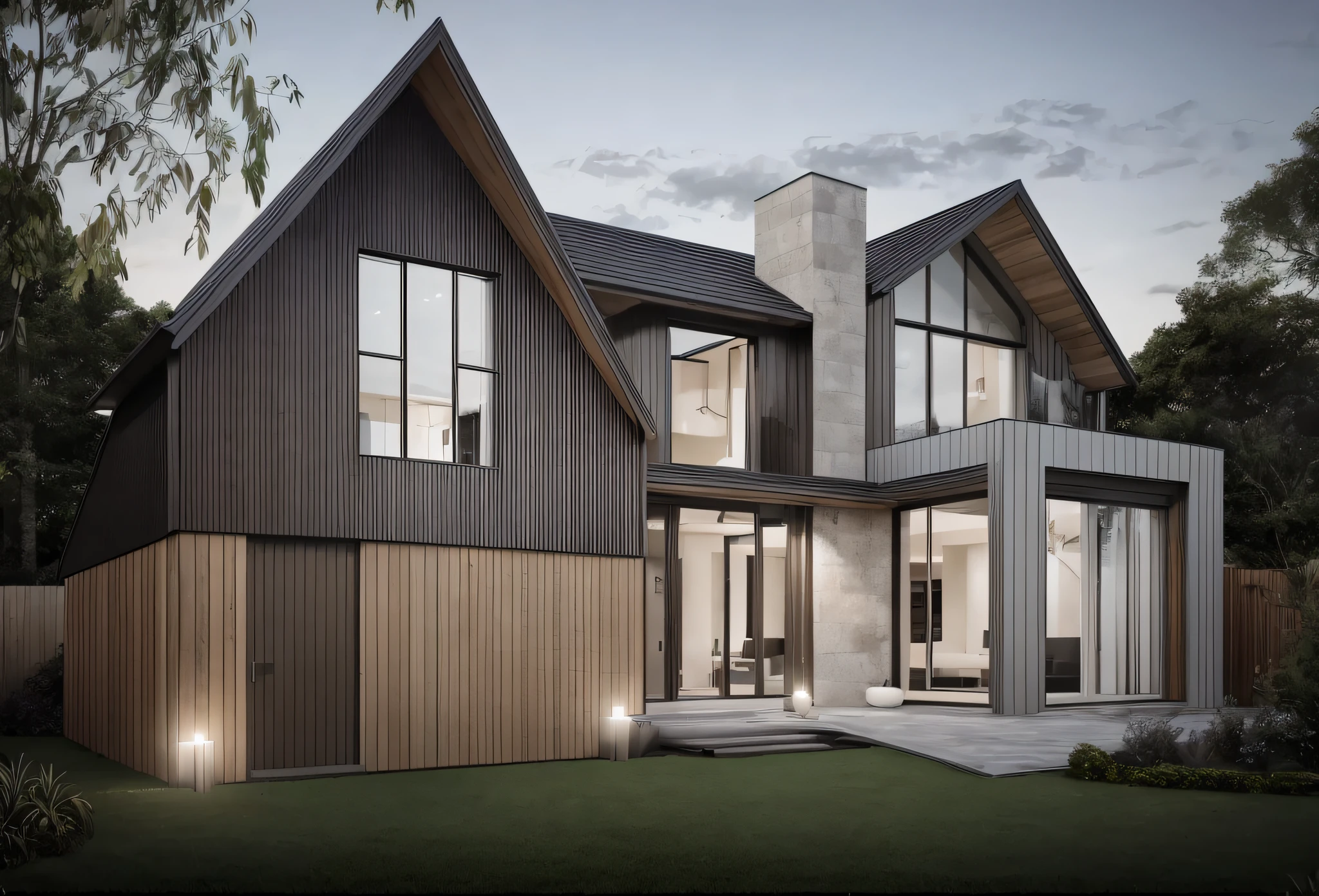 4k, gable roof, modern Scandinavian house, floor-to-ceiling windows, smooth limestone accents, wood accents, exterior design, award winning render, contemporary house, a photorealistic rendering, fully detailed render, large modern residence