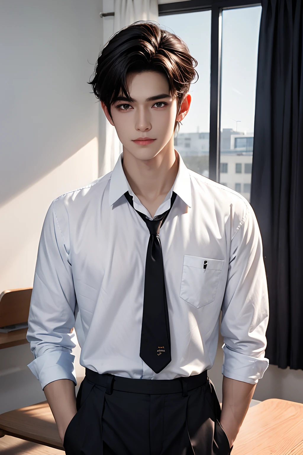 8K,best qualtiy,Masterpiece,1 boy,male people，cool guy，school uniform，Classroom，