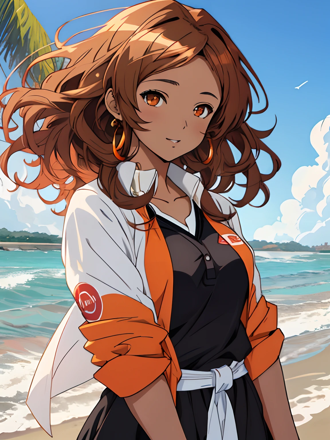 Mixed race black girl with soft orange eyes, long curly light brown hair, female, anime style, 4k image ,wrapped around in wind, wearing preppy outfit, ethereal, beach background