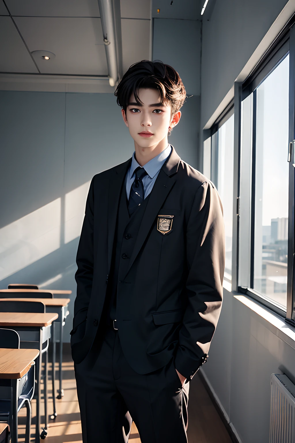 8K,best qualtiy,Masterpiece,1 boy,male people，cool guy，school uniform，Classroom，