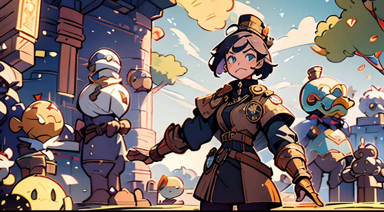 personagem, garota, uniforme militar, roupa steam punk, electric gauntlet, Postman's hat.