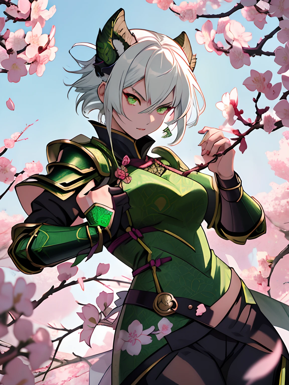 Asian girl with glowing green eyes, pure short white hair, fierce determination, killer intent, female, anime style, 4k image ,wrapped around in rose vines, wearing green dragon pattern metal armor outfit, ethereal, cherry blossom background