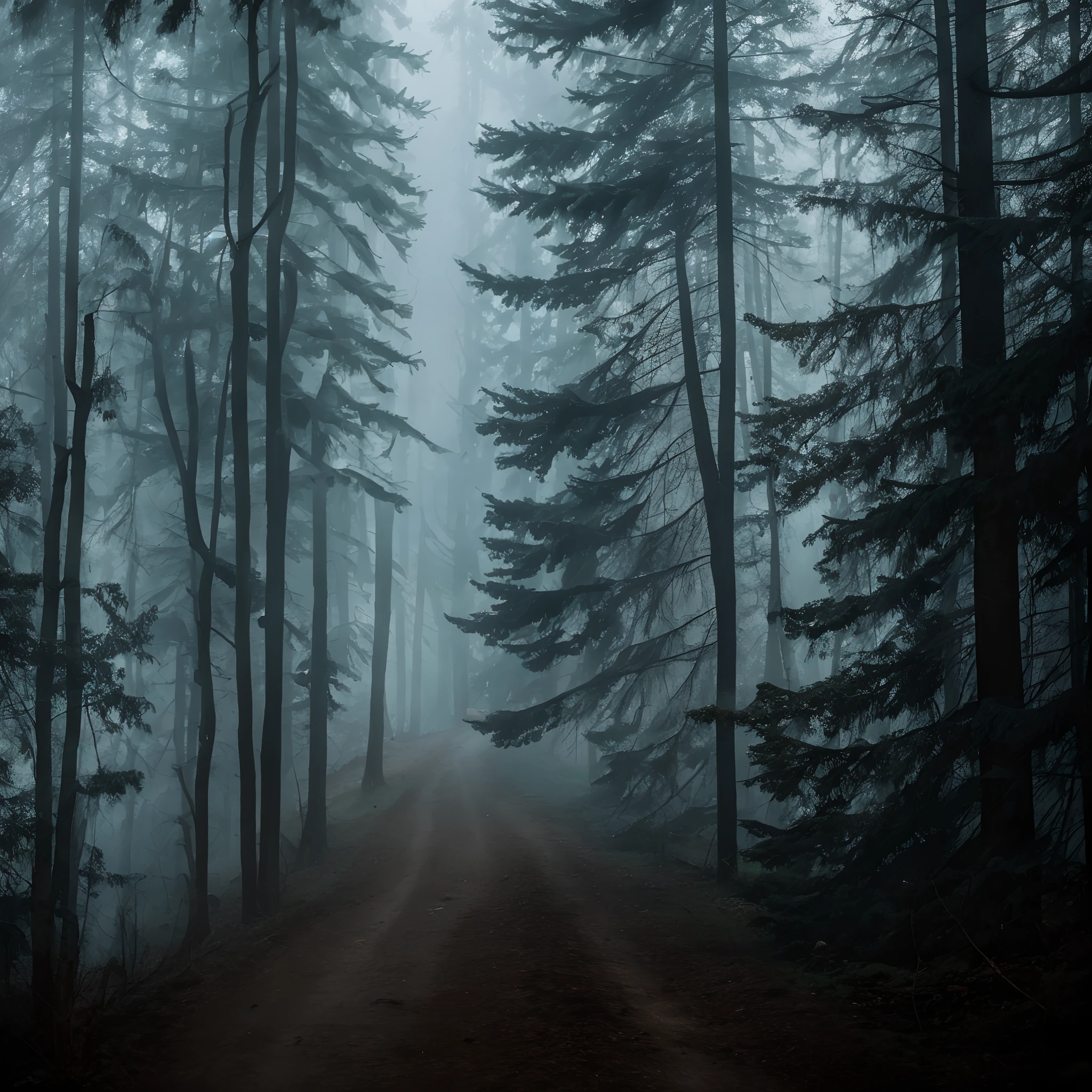 Horror, dark forest, black forest, fog, horror forest, dead trees, dying old grass, forgotten road