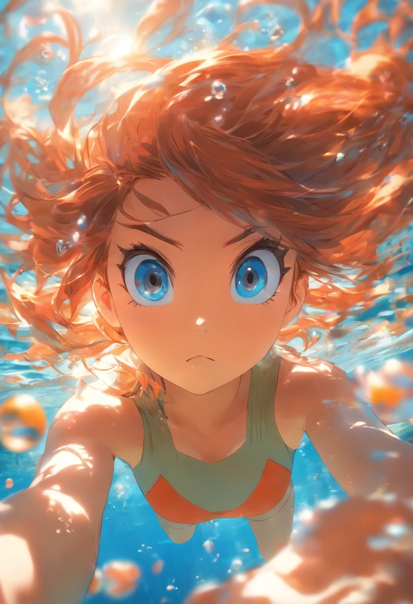 foreshortening, profundidade de campo, master part, best quality, 1girl, red hairs, olhos azuis, cabelos longos, underwater, bolha de ar, sozinho, Olhando para o Viewer, school school swimsuit, swimming, luz solar fraca,