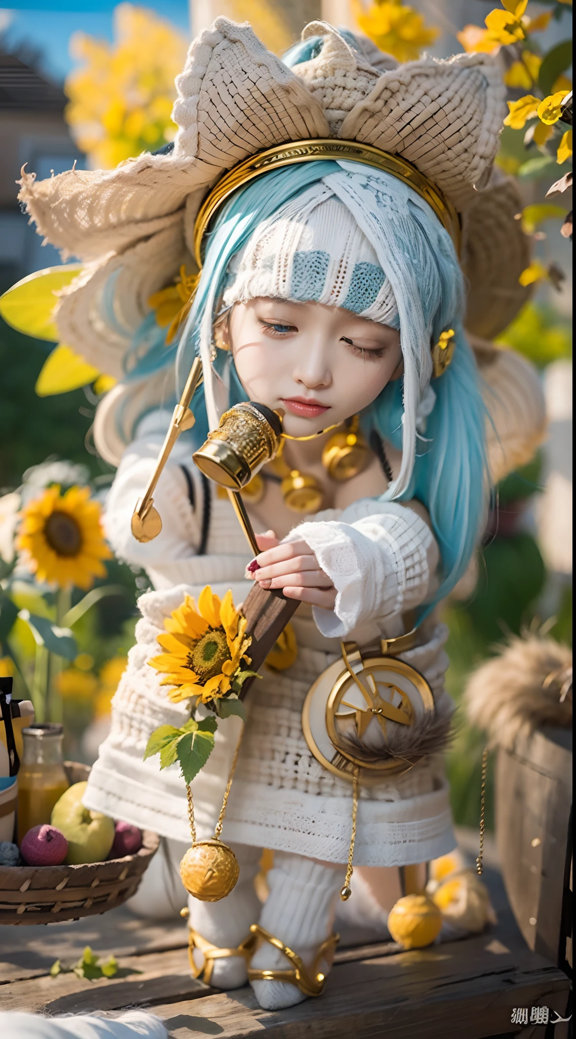In a very grand scene,The extra-large wide-angle lens captures the appearance of a female centaur。She is a Sunflower Worship nun,Always opposed(Healing emoji smiley face of knitted sunflower puppet😊:99.99)DOA。She is tall,It has the ultimate curvy beauty,The muscles are slender and firm,Beautiful lines。She has(Super huge sky blue eyes:99.99)、always(Wearing sexy glasses:6.66)、(She wears solemn nun attire:9.9)、Stepping on a boot-style skyscraper-heel、A pink cross hangs on his chest。Use Midjourney's advanced tools,Designed for female centaurs(A knitted sunflower puppet and create a super healing cartoon smiley face in the center of the flower tray as a decoration:9.9),and noble and solemn nun costumes,and highlight her unique physiological characteristics and appearance details,Add realism。And in the context of her prayers and listening to confessions,Spectacular views of nature,Such as the sky where storms and sunny days alternate、Brilliant rivers of stars and auroras、The snow-capped summit of Mount Everest、Fireworks in the mountain town, etc。ao mesmo tempo,Away from the hustle and bustle next to the chapel,Create a fantastic scene。Use Midjourney's advanced tools and multiple color palettes、Brush Strokes、Texture tools and model packages,It shows a sense of atmosphere where beauty and charm coexist。The charm of the female centaur is highlighted through color and lines,Enhance realism with detailing,Create a surreal dreamy feeling。Additionally,Use Midjourney's tools to add various exorcism props and books to the female centaur、pergaminhos,Create intricate hairstyles and outfits,Give her a sense of premium。She never flinches,No matter what monster you encounter,can respond quickly,Even the most extreme armies of natural disasters and monsters could not stop her and her front(Sunflower with Tyndall effect that emits sunlight9.99)。Use Midjourney's powerful tools,You can do it with incredible detail and beauty,Bring this ultra-grand and beautiful scene to life。Ultra-grand sc