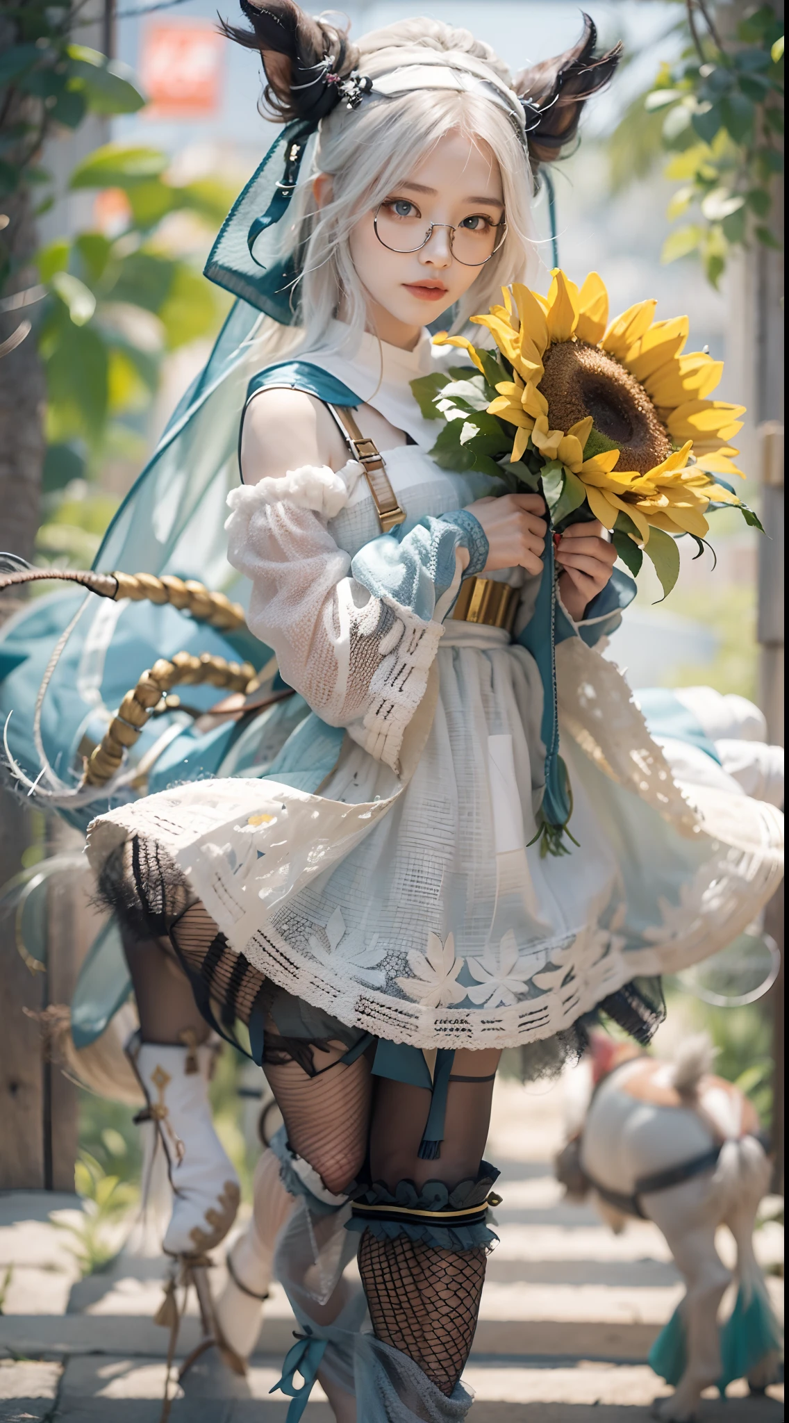 In a very grand scene，The extra-large wide-angle lens captures the appearance of a female centaur。She is a Sunflower Worship nun，Always opposed（Healing emoji smiley face of knitted sunflower puppet😊：99.99）DOA。She is tall，It has the ultimate curvy beauty，The muscles are slender and firm，Beautiful lines。She has（Super huge sky blue eyes：99.99）、always（Wearing sexy glasses：6.66）、（She wears solemn nun attire：9.9）、Stepping on a boot-style skyscraper-heel、A pink cross hangs on his chest。Use Midjourney's advanced tools，Designed for female centaurs（A knitted sunflower puppet and create a super healing cartoon smiley face in the center of the flower tray as a decoration：9.9），and noble and solemn nun costumes，and highlight her unique physiological characteristics and appearance details，Add realism。And in the context of her prayers and listening to confessions，Spectacular views of nature，Such as the sky where storms and sunny days alternate、Brilliant rivers of stars and auroras、The snow-capped summit of Mount Everest、Fireworks in the mountain town, etc。ao mesmo tempo，Away from the hustle and bustle next to the chapel，Create a fantastic scene。Use Midjourney's advanced tools and multiple color palettes、Brush Strokes、Texture tools and model packages，It shows a sense of atmosphere where beauty and charm coexist。The charm of the female centaur is highlighted through color and lines，Enhance realism with detailing，Create a surreal dreamy feeling。Additionally，Use Midjourney's tools to add various exorcism props and books to the female centaur、pergaminhos，Create intricate hairstyles and outfits，Give her a sense of premium。She never flinches，No matter what monster you encounter，can respond quickly，Even the most extreme armies of natural disasters and monsters could not stop her and her front（Sunflower with Tyndall effect that emits sunlight9.99）。Use Midjourney's powerful tools，You can do it with incredible detail and beauty，Bring this ultra-grand and beautiful scene to life。Ultra-grand sc
