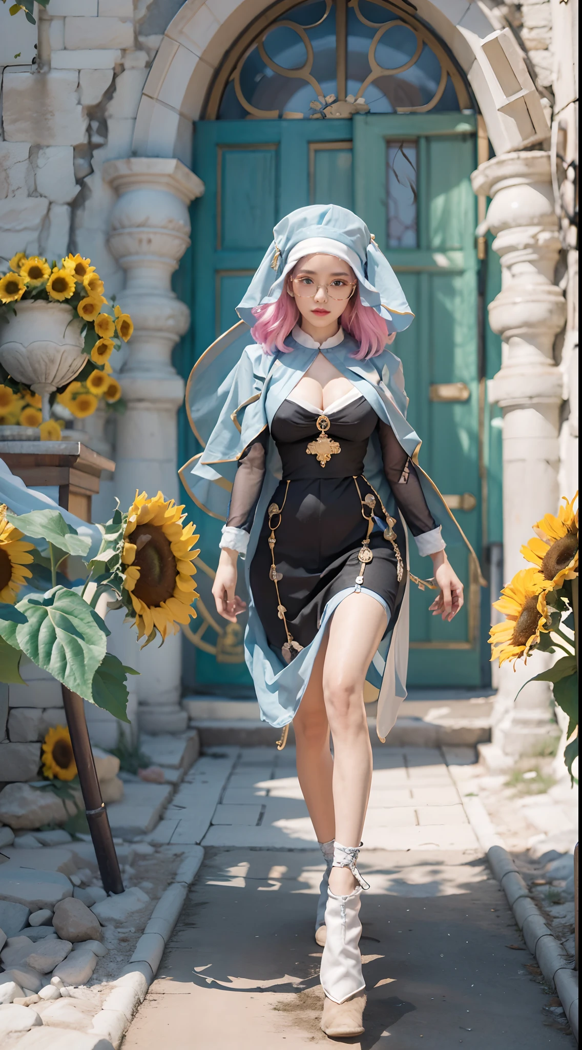 In a very grand scene,The extra-large wide-angle lens captures the appearance of a female centaur。She is a Sunflower Worship nun,Always opposed(Healing emoji smiley face of knitted sunflower puppet😊:99.99)DOA。She is tall,It has the ultimate curvy beauty,The muscles are slender and firm,Beautiful lines。She has(Super huge sky blue eyes:99.99)、always(Wearing sexy glasses:6.66)、(She wears solemn nun attire:9.9)、Stepping on a boot-style skyscraper-heel、A pink cross hangs on his chest。Use Midjourney's advanced tools,Designed for female centaurs(A knitted sunflower puppet and create a super healing cartoon smiley face in the center of the flower tray as a decoration:9.9),and noble and solemn nun costumes,and highlight her unique physiological characteristics and appearance details,Add realism。And in the context of her prayers and listening to confessions,Spectacular views of nature,Such as the sky where storms and sunny days alternate、Brilliant rivers of stars and auroras、The snow-capped summit of Mount Everest、Fireworks in the mountain town, etc。ao mesmo tempo,Away from the hustle and bustle next to the chapel,Create a fantastic scene。Use Midjourney's advanced tools and multiple color palettes、Brush Strokes、Texture tools and model packages,It shows a sense of atmosphere where beauty and charm coexist。The charm of the female centaur is highlighted through color and lines,Enhance realism with detailing,Create a surreal dreamy feeling。Additionally,Use Midjourney's tools to add various exorcism props and books to the female centaur、pergaminhos,Create intricate hairstyles and outfits,Give her a sense of premium。She never flinches,No matter what monster you encounter,can respond quickly,Even the most extreme armies of natural disasters and monsters could not stop her and her front(Sunflower with Tyndall effect that emits sunlight9.99)。Use Midjourney's powerful tools,You can do it with incredible detail and beauty,Bring this ultra-grand and beautiful scene to life。Ultra-grand sc