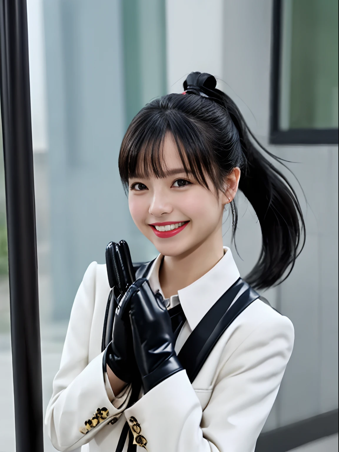 Black leather gloves in both hands, blazer and ribbon uniform, black hair ponytail, upper body, conversation with a smile with a black smartphone, cute Japanese girl (black leather gloves covering both hands) traveling alone