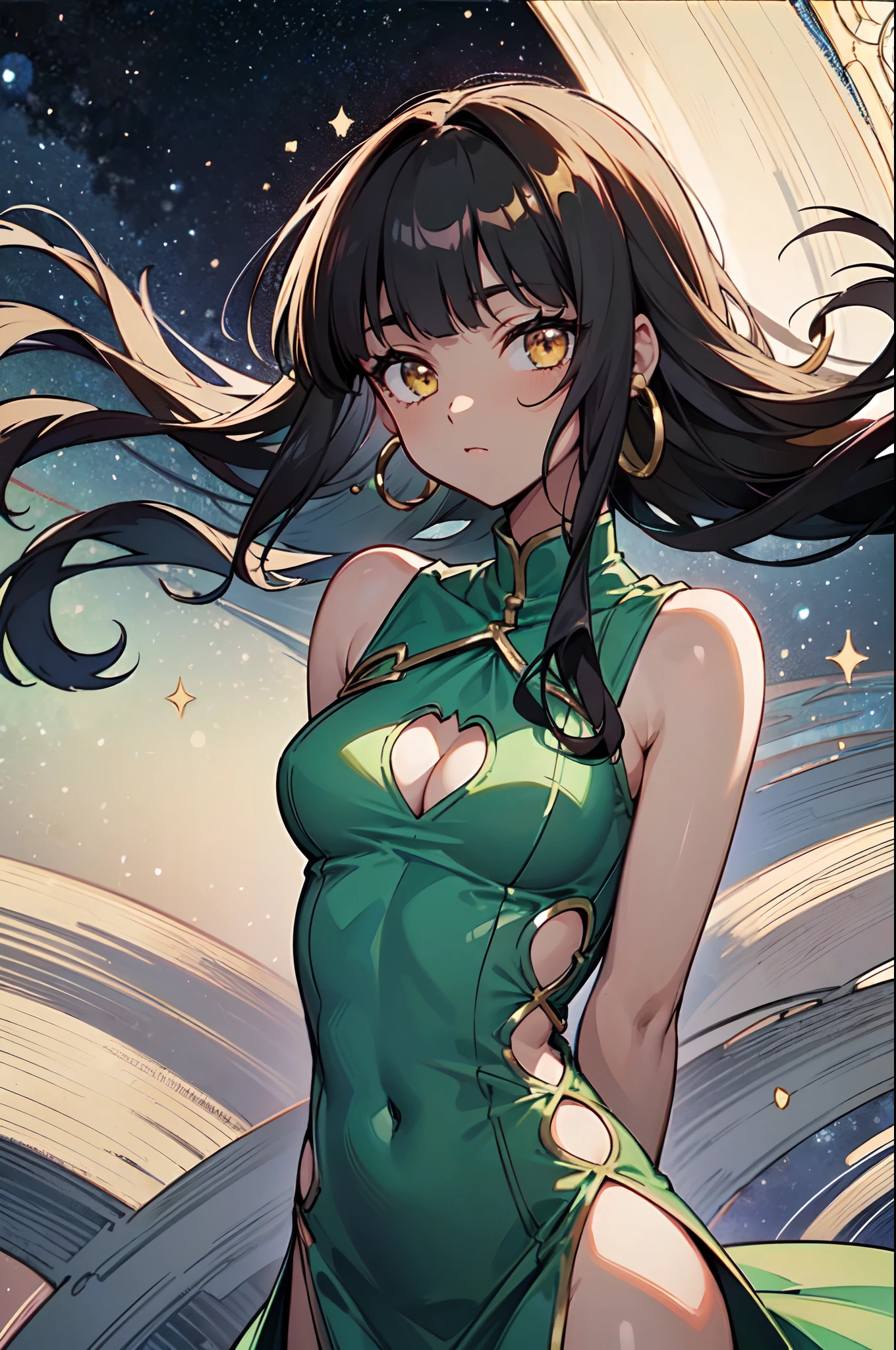1girl, solo, , cute petite girl, (dark skin:1.3), black hair, (long hair, big hair), ((hime cut, blunt bangs, blunt sidelocks)), hair flowing down, messy hair, straight hair, yellow eyes, glowing eyes, egyptian clothes, colorful dress, (jade green dress, green dress, pelvic courtain, gold accesories, golden accesories), ((center cleavage cutout)), abs, old fashioned clothes, (small breasts), inexpressive, neutral, standing, arms down, arms behind back, looking at viewer, (upper body, face focus), (impressionism, starry night, abstract background, floating), masterpiece, best quality, 16k