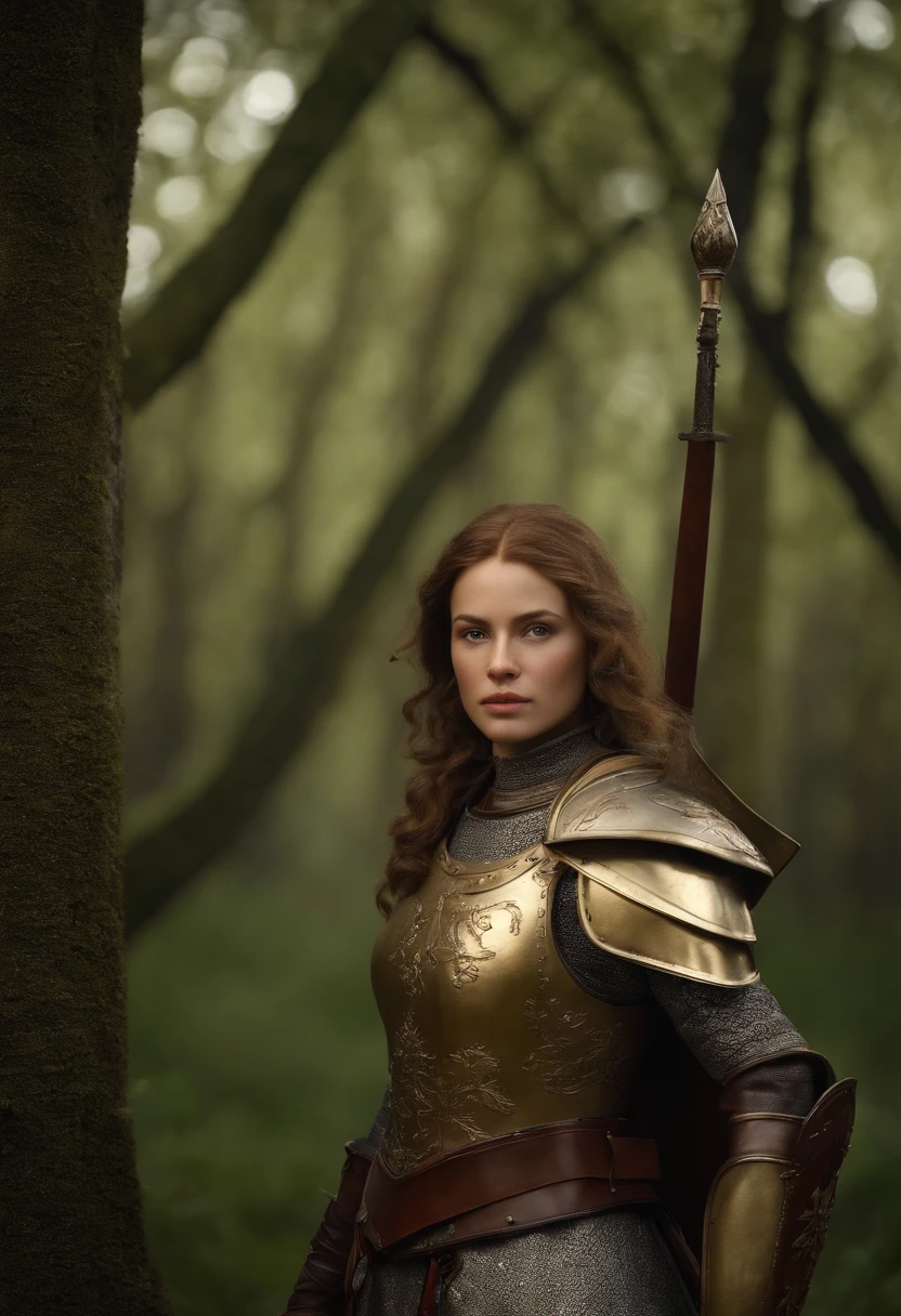 Numerous award-winning masterpieces, with incredible details, Maximum textures and details), (hyper realistic:1.4), (Realstic:1.3), (Haut du corps vers le haut:0.4), (best quality real texture skin), ((Monde de la mythologie grecque) Portrait of a beautiful Joan of Arc with her armor Beautiful and fighting hair very short light chestan. Face to the screen.