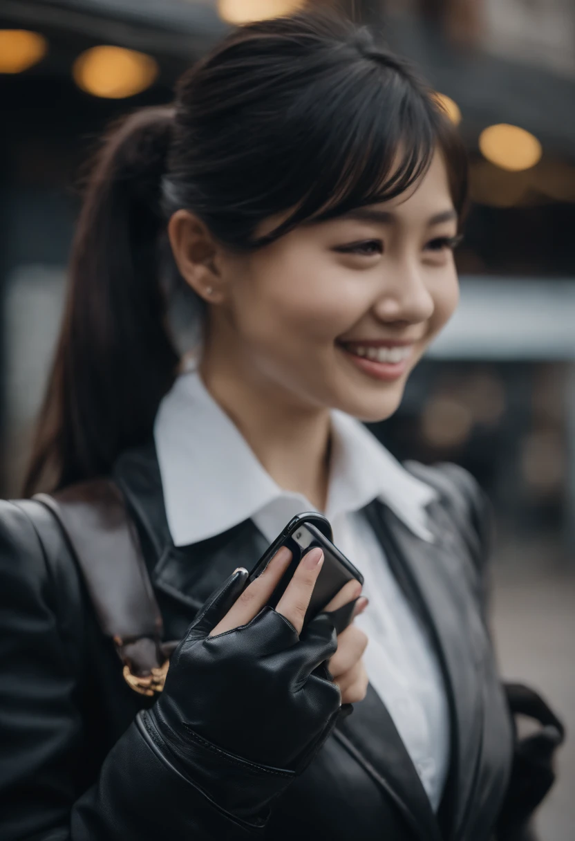 Black leather gloves in both hands, blazer and ribbon uniform, black hair ponytail, upper body, conversation with a smile with a black smartphone, cute Japanese girl (black leather gloves covering both hands) traveling alone