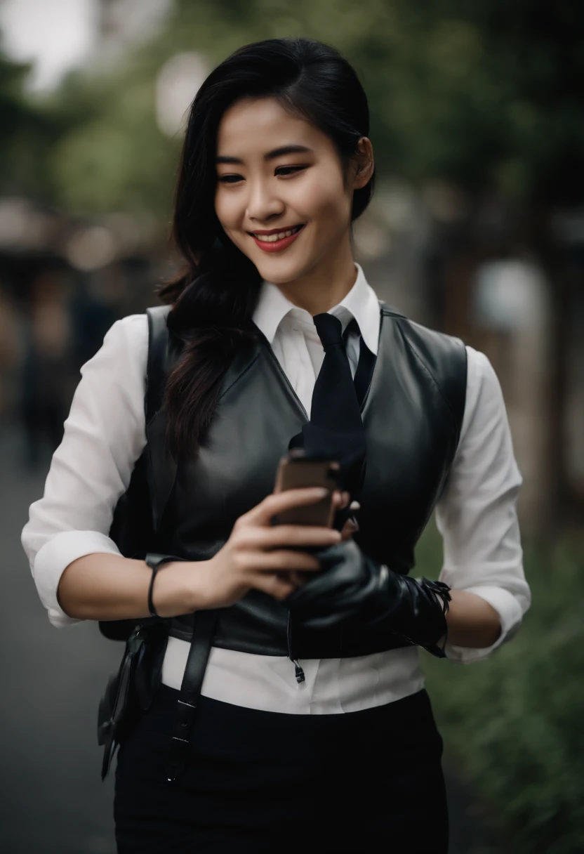 Black leather gloves in both hands, blazer and ribbon uniform, black hair ponytail, upper body, conversation with a smile with a black smartphone, cute Japanese girl (black leather gloves covering both hands) traveling alone