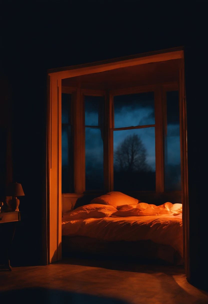silhouettes of distant mysterious beings seen through a bedroom window at dusk, walls in dark blue tones, orange smoke looking like a ghost from the past haunting the floor