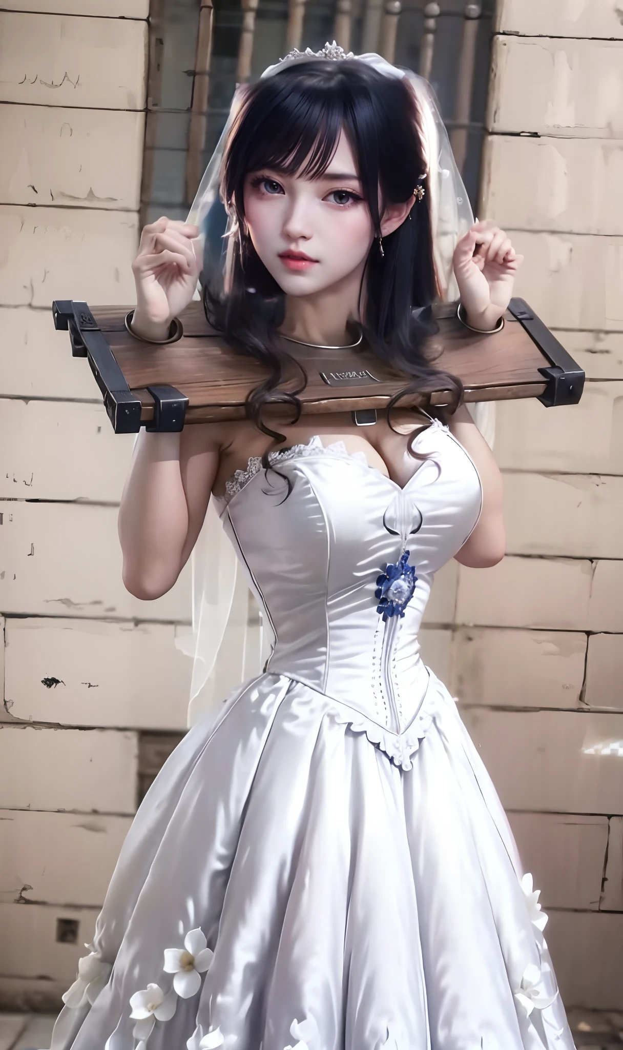 Close-up of a beautiful bride wearing a beautiful wedding dress, Gurwitz,（Pillory：1.5）, （flail：1.2）,  flail on the head, flail on the hands,full body photo,  whole body, (bridal veil: 1.5), (transparent short veil: 1.5), flushed face, head flower, tiara, Very detailed princess wedding dress,(tube wedding dress: 1.5), (silk dress: 1.2 ), (strapless wedding dress: 1.5), （floor length skirt：1.2）, pure white dress,white long skirt, necklace, earrings, (huge breasts: 1.3), deep V heart-neck wedding dress, bangs, lipstick, (lace gloves: 1.3),  high detail RAW Color art,