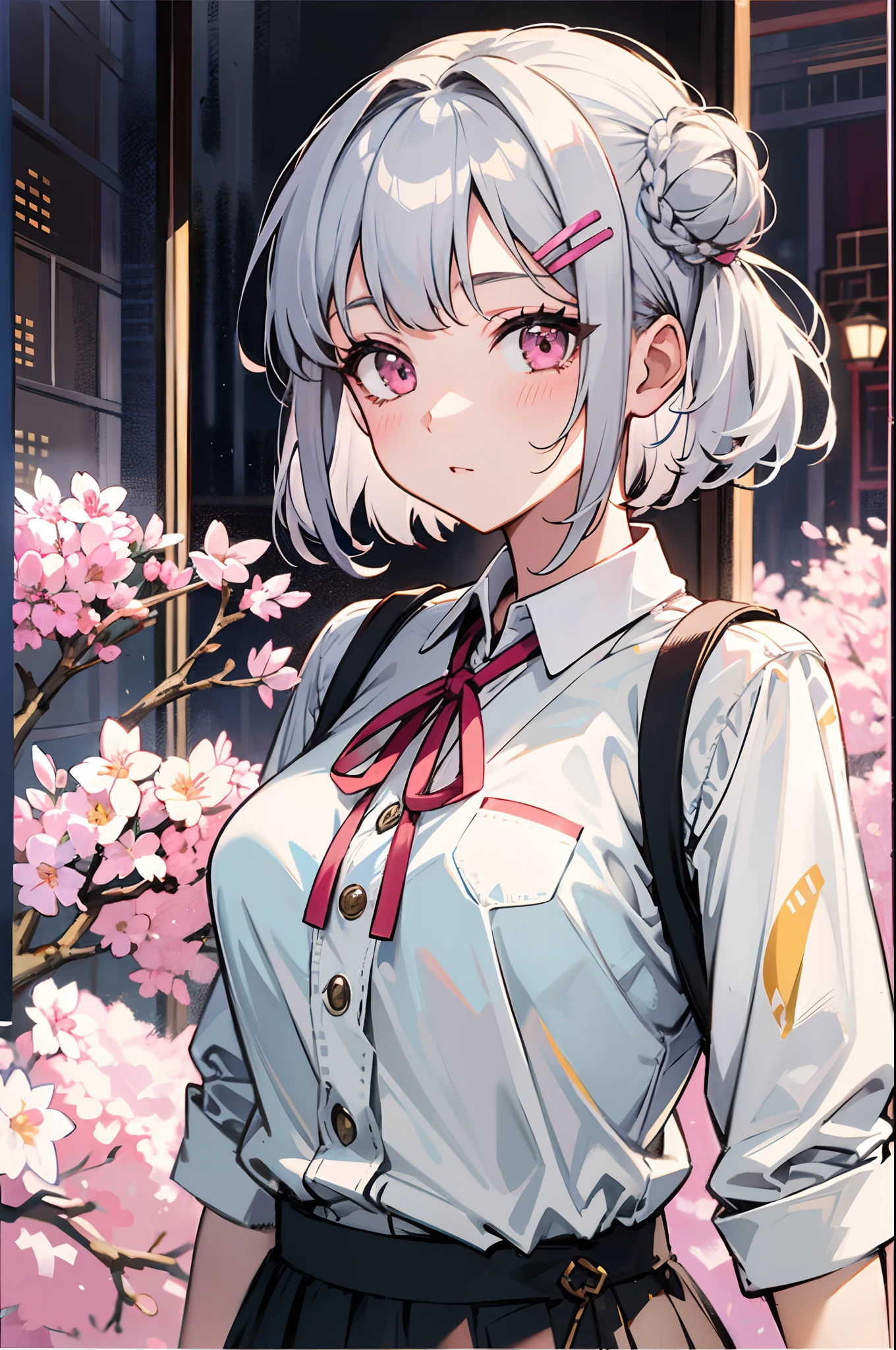 masterpiece, top-quality, hight resolution, ighly detailed, 细致背景, 电影灯光, 1girl in, She is 17 years old, Medium chest, 校服, skirt rift, Short hairstyle with silver hair and bob, Hair tied in a bun with a hair clip, Pink eyes, looking at the viewers, buliding, outside of house, cherry trees, bokeh dof,