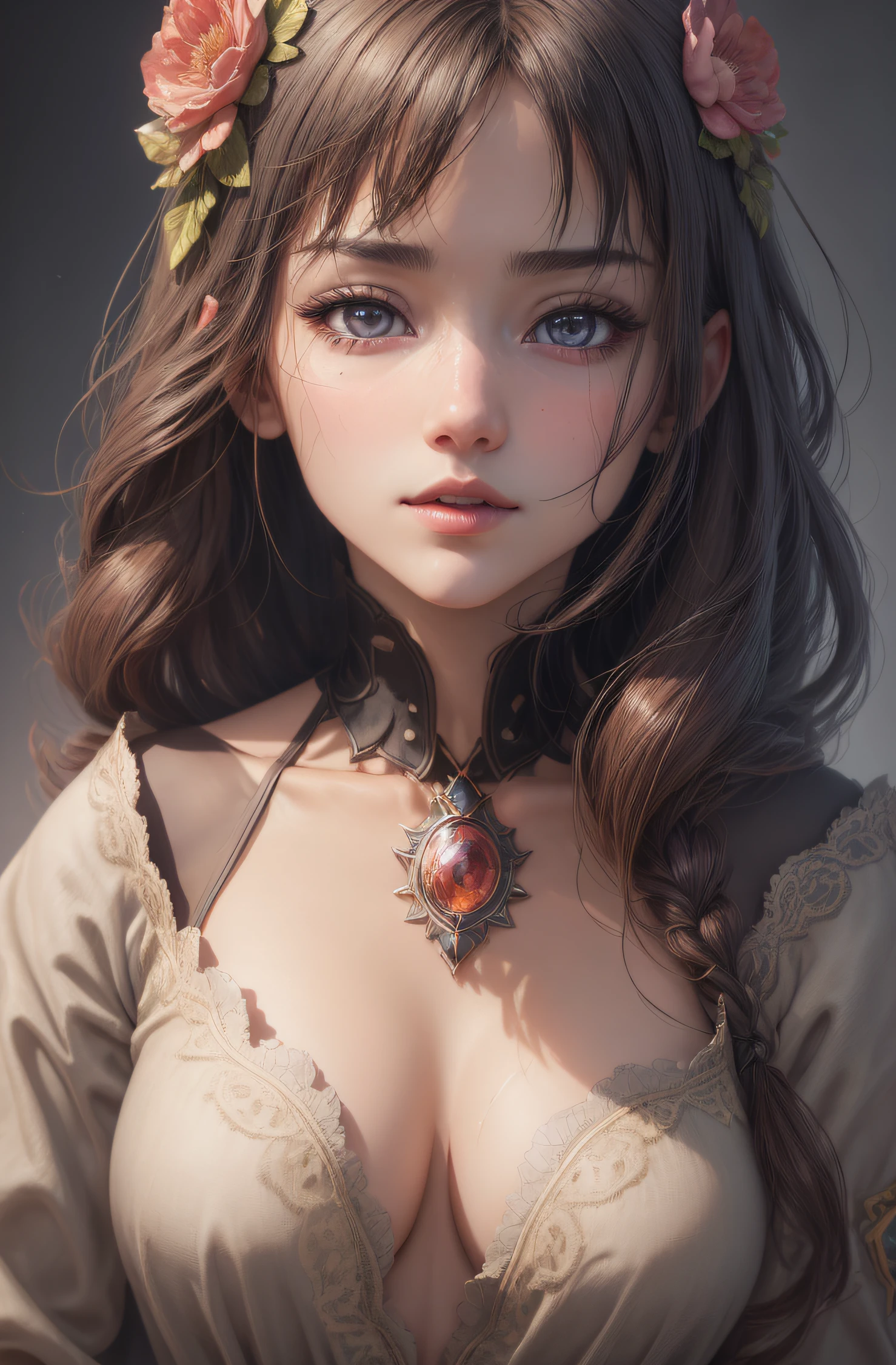 closeup face, detailed digital anime art, Anime with small details, Best Quality, Masterpiece, Ultra-detailed, Beautiful, hight resolution, Original,CG 8K ультрареалистичный, perfect artwork, beatiful face, Face Clean, Skin, hyper realistic, Ultra Detailed, A detailed eye, dramatic lighting, (Realistic) Realistic, Full HD, Best Quality, Best Quality, Beautiful lighting, (8k wallpaper of extremely detailed CG unit), High Details, sharp-focus, The art of dramatic and photorealistic painting, pectorals, teats, Sagging chest,
