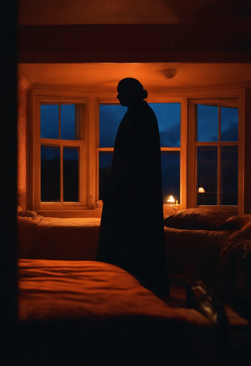 silhouettes of distant mysterious beings seen through a bedroom window at dusk, walls in dark blue tones, orange smoke looking like a ghost from the past haunting the floor