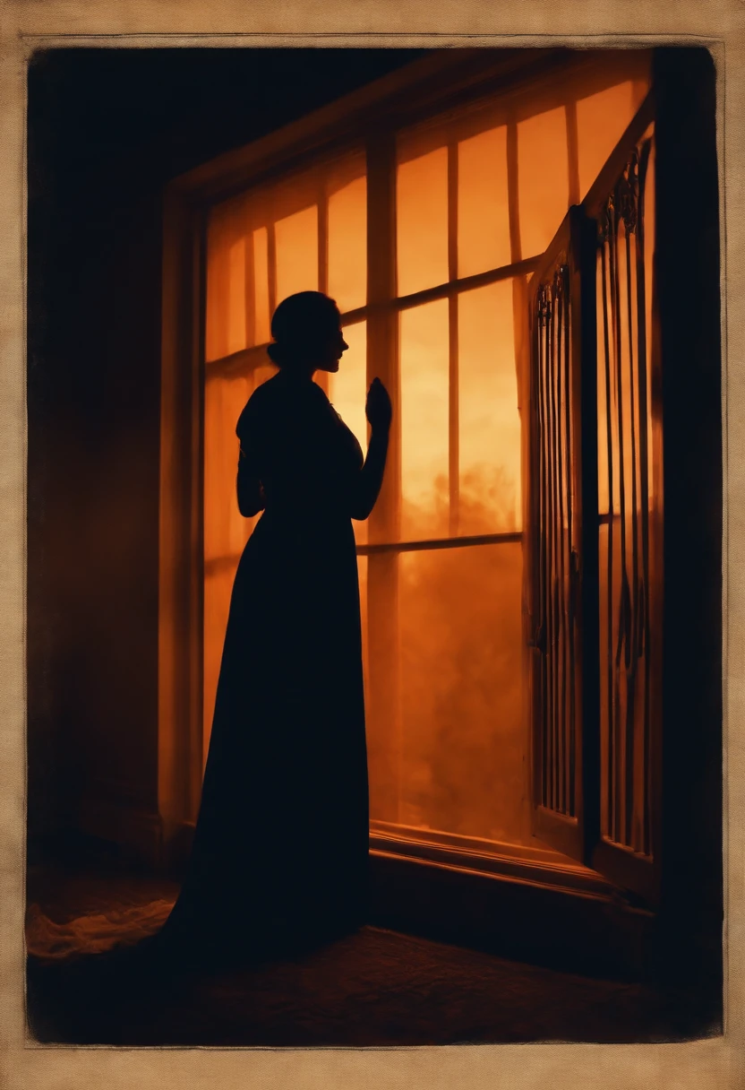 silhouettes of distant mysterious beings seen through a bedroom window at dusk, walls in dark blue tones, orange smoke looking like a ghost from the past haunting the floor