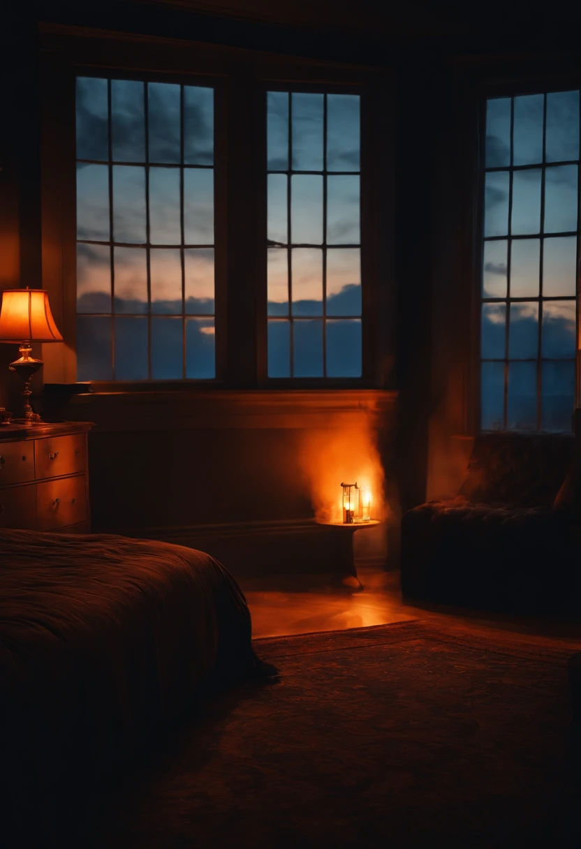 silhouettes of distant mysterious beings seen through a bedroom window at dusk, walls in dark blue tones, orange smoke looking like a ghost from the past haunting the floor