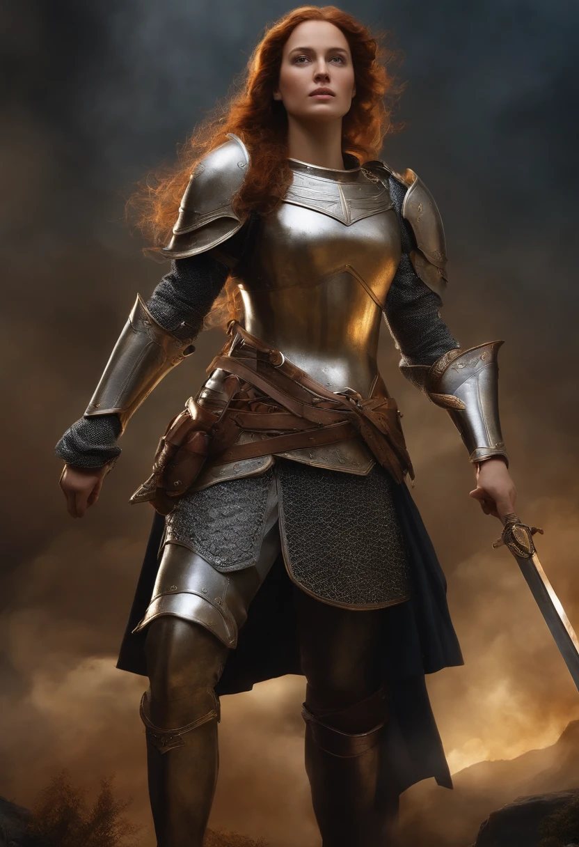 Numerous award-winning masterpieces, with incredible details, Maximum textures and details), (hyper realistic:1.4), (Realstic:1.3), (Haut du corps vers le haut:0.4), (best quality real texture skin), ((Monde de la mythologie grecque) Portrait of a beautiful Joan of Arc with her armor Beautiful and fighting hair very short light chestan. regard combattante avec beaucoup de charisme, Face to the screen.