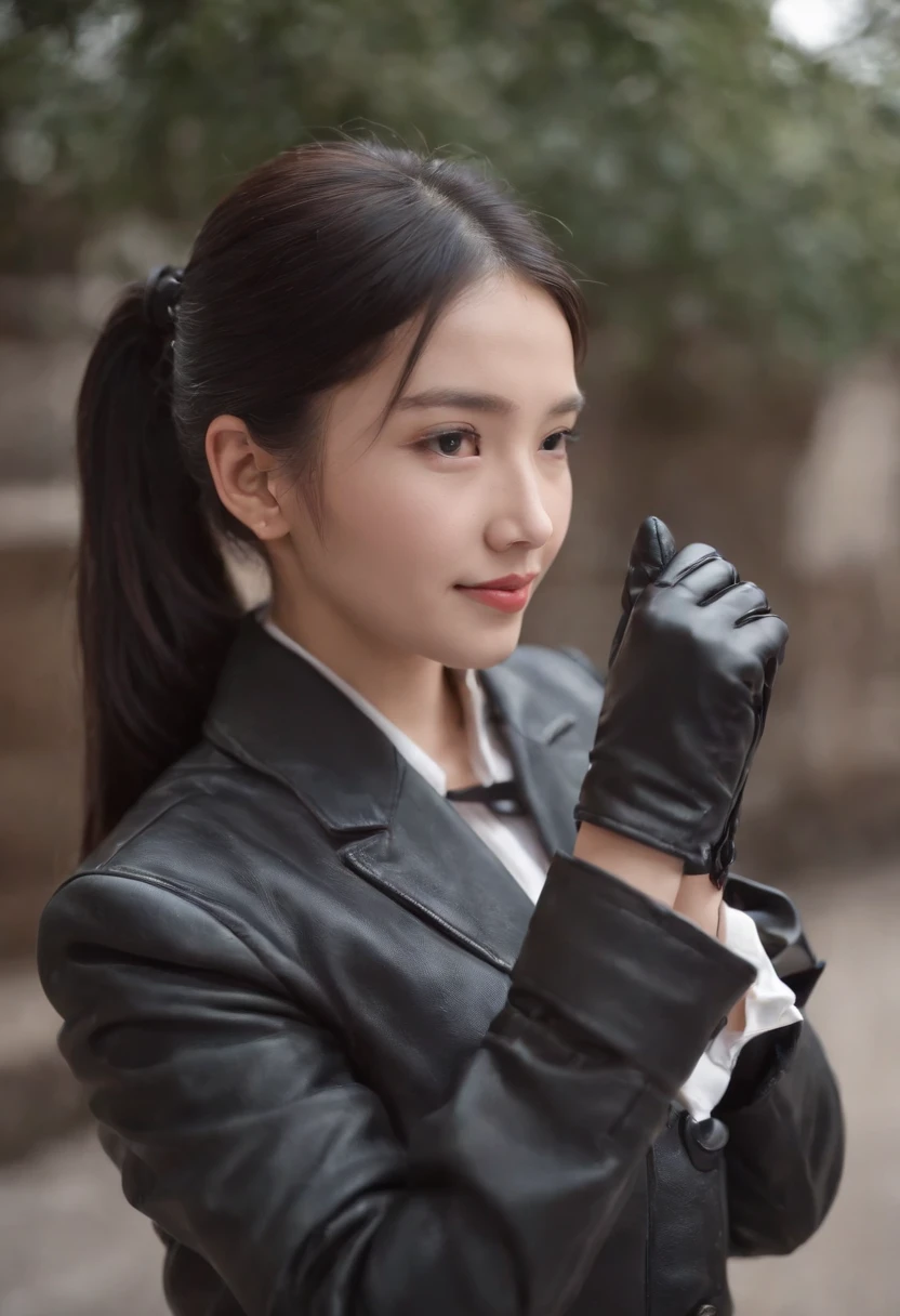 Black leather gloves in both hands, blazer and ribbon uniform, black hair ponytail, upper body, conversation with a smile with a black smartphone, cute Japanese girl (black leather gloves covering both hands) traveling alone