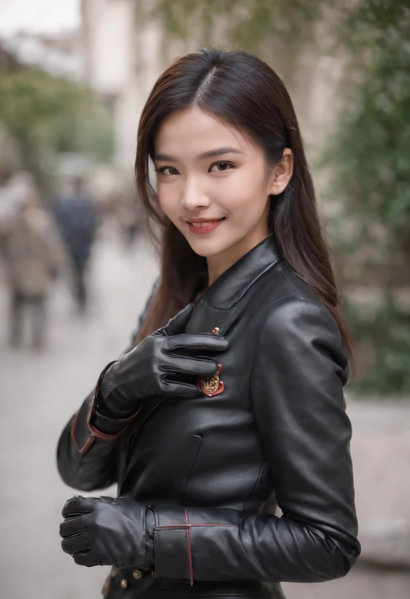 Black leather gloves in both hands, blazer and ribbon uniform, black hair ponytail, upper body, conversation with a smile with a black smartphone, cute Japanese girl (black leather gloves covering both hands) traveling alone