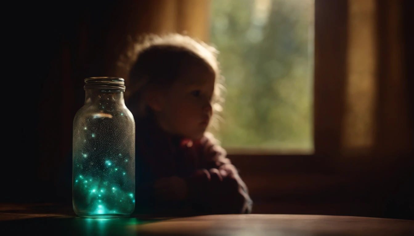 Child looking into glass bottle with nebula inside