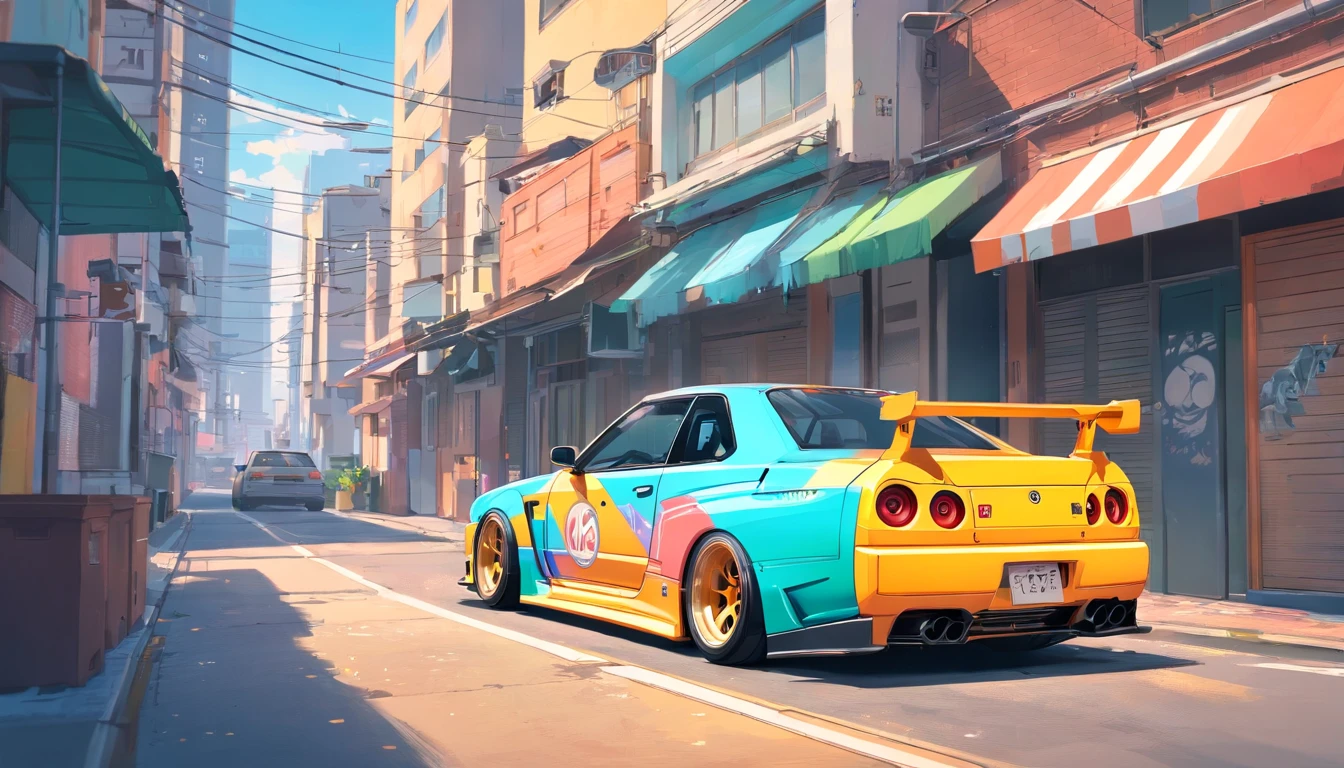 Coloca el GTR R34 Liberty Walk frente a un colorido y vibrante mural de arte callejero cartoon tunning