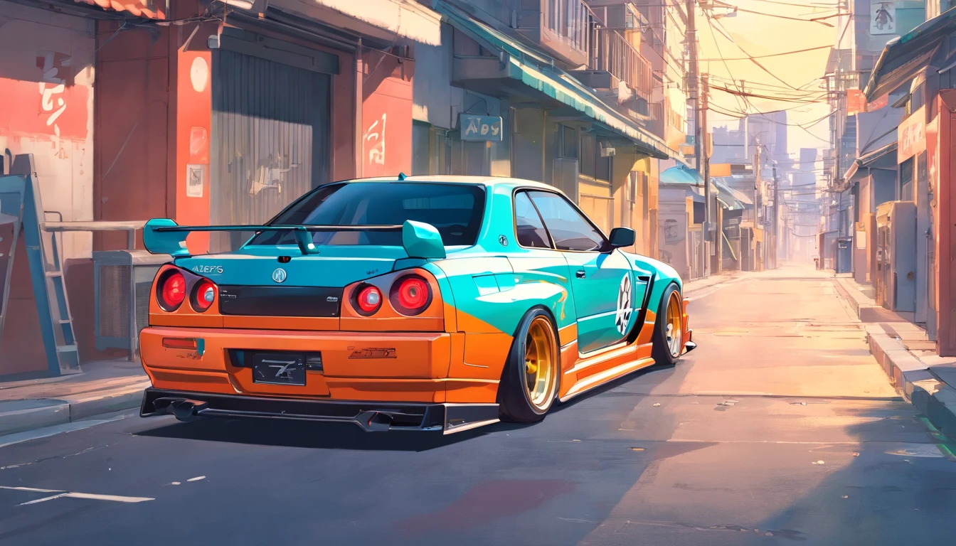 Coloca el GTR R34 Liberty Walk frente a un colorido y vibrante mural de arte callejero cartoon tunning