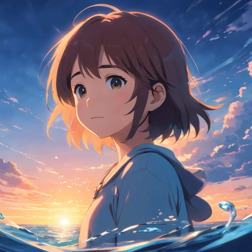  looking into the depths of the sea, masutepiece, Best Quality, Movie Still, 1girl in, Cloud Girl, Floating in the sky, close-up, Bright, Happy, Warm and soft lighting, Sunset, (sparks:0.7)