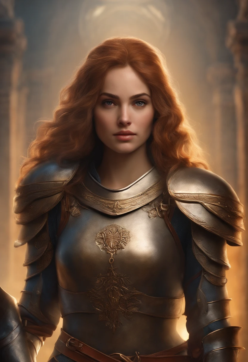 Numerous award-winning masterpieces, with incredible details, Maximum textures and details), (hyper realistic:1.4), (Realstic:1.3), (Haut du corps vers le haut:0.4), (best quality real texture skin), ((Monde de la mythologie grecque) Portrait of a beautiful Joan of Arc with her armor Beautiful and fighting hair very short light chestan. Fighting look in front of the screen with a lot of charisma, Face to the screen.