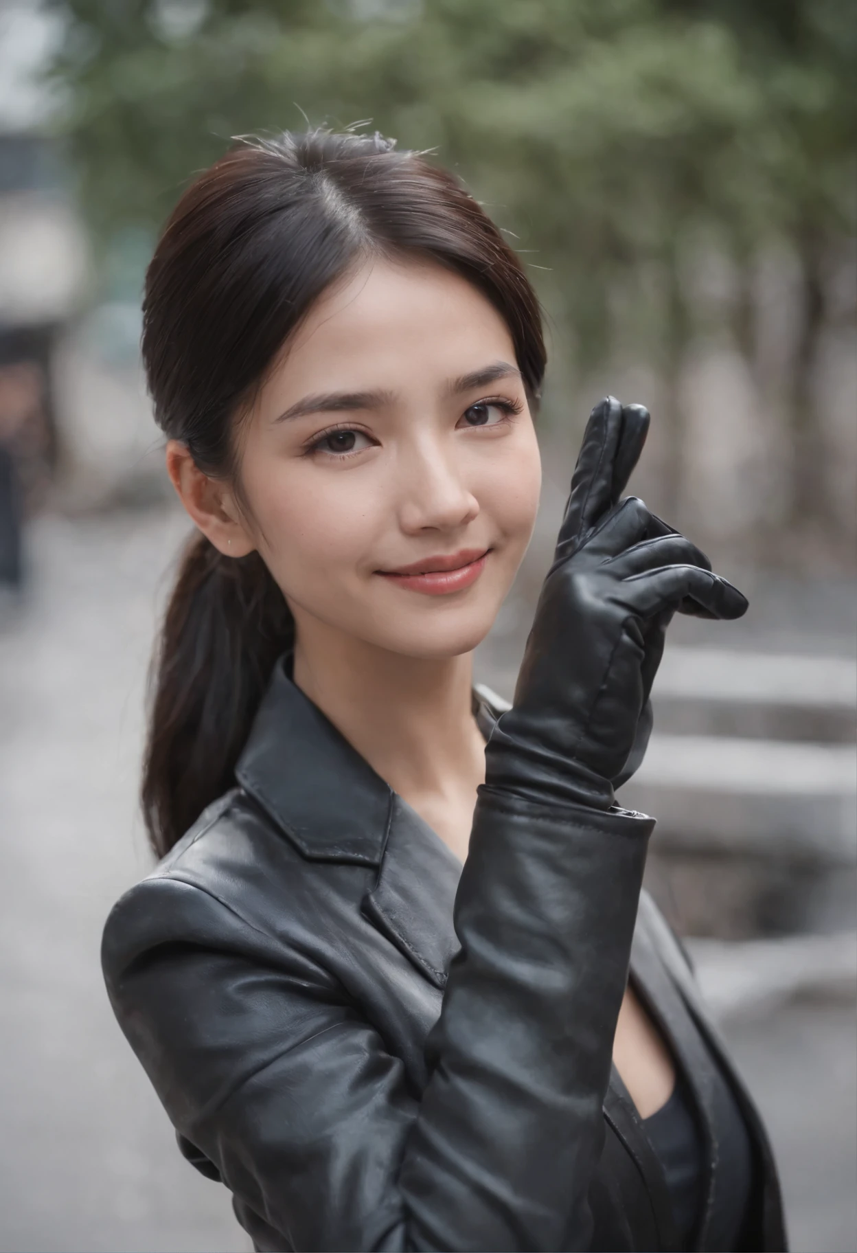 Black leather gloves in both hands, blazer and ribbon uniform, black hair ponytail, upper body, conversation with a smile with a black smartphone, cute Japanese girl (black leather gloves covering both hands) traveling alone