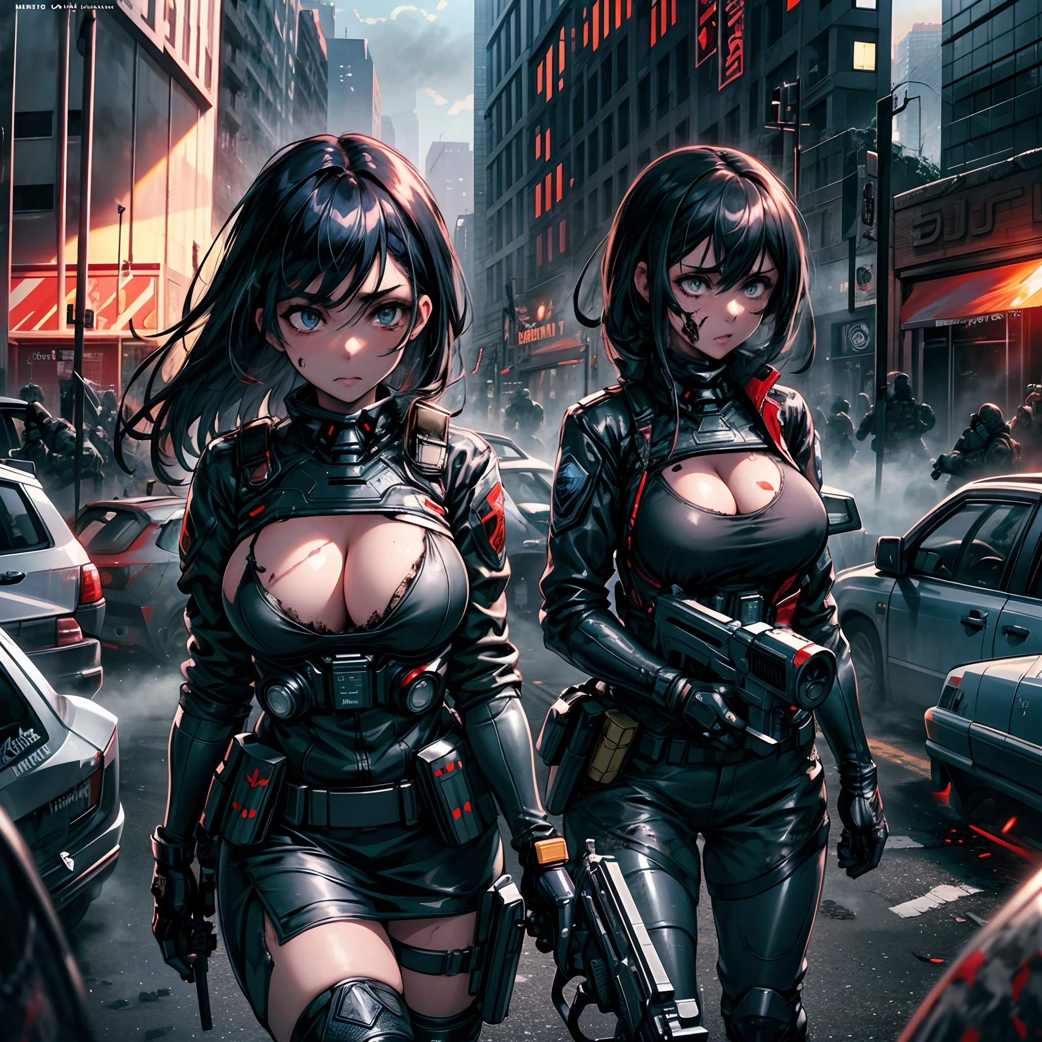 The most beautiful and sexy special forces girl, black hair, blue eyes, wearing highly detailed special forces tactical gear, huge gigantic tits, cleavage showing, battling her way through a zombie apocalypse, action packed scene, high-octane action scene, incredibly cinematic, metal fragments and bullet shell casings blowing in the wind, blood splattered, post apocalyptic city, zombie apocalypse, highly detailed background, perfect masterpiece, high quality, high resolution