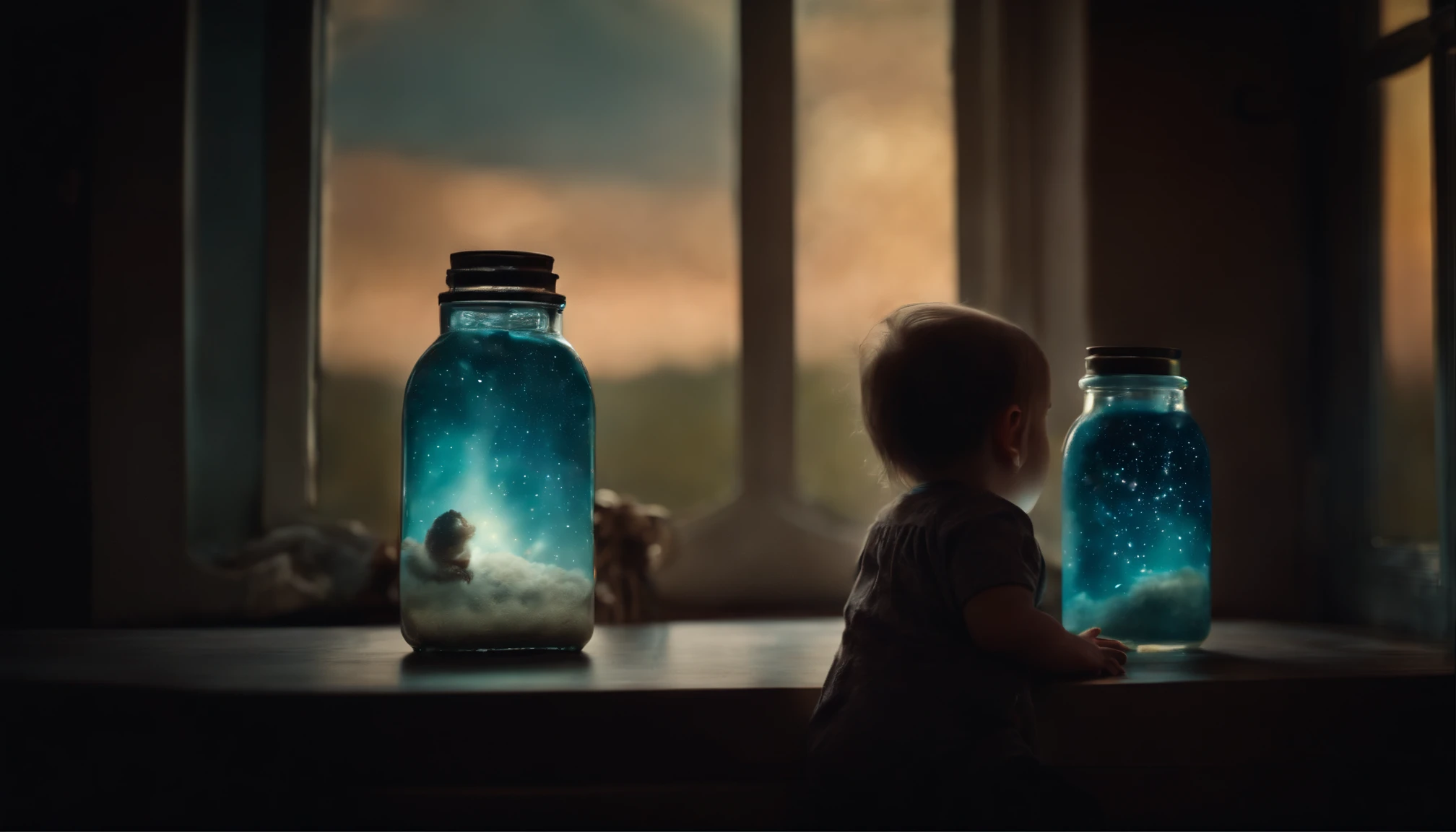 Child looking into glass bottle with nebula inside