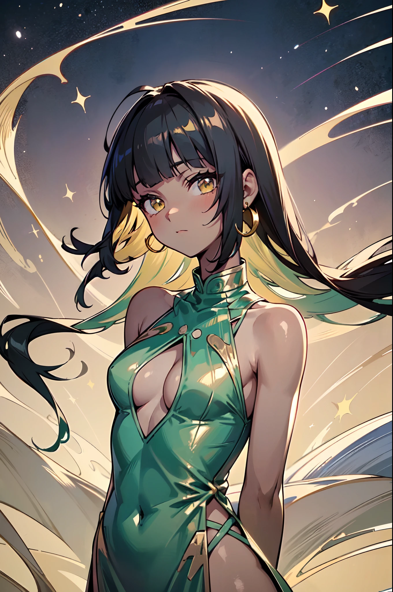 1girl, solo, , cute petigirl, (dark skin:1.3), black hair, (long hair, big hair), ((hime cut, blunt bangs, blunt sidelocks)), hair flowing down, messy hair, straight hair, yellow eyes, glowing eyes, gold earrings, egyptian clothes, colorful dress, (jade green dress, green dress, pelvic courtain, gold accesories, golden accesories), ((center cleavage cutout)), abs, old fashioned clothes, (small breasts), inexpressive, neutral, standing, arms down, arms behind back, looking at viewer, (upper body, face focus), (impressionism, starry night, abstract background, floating), masterpiece, best quality, 16k