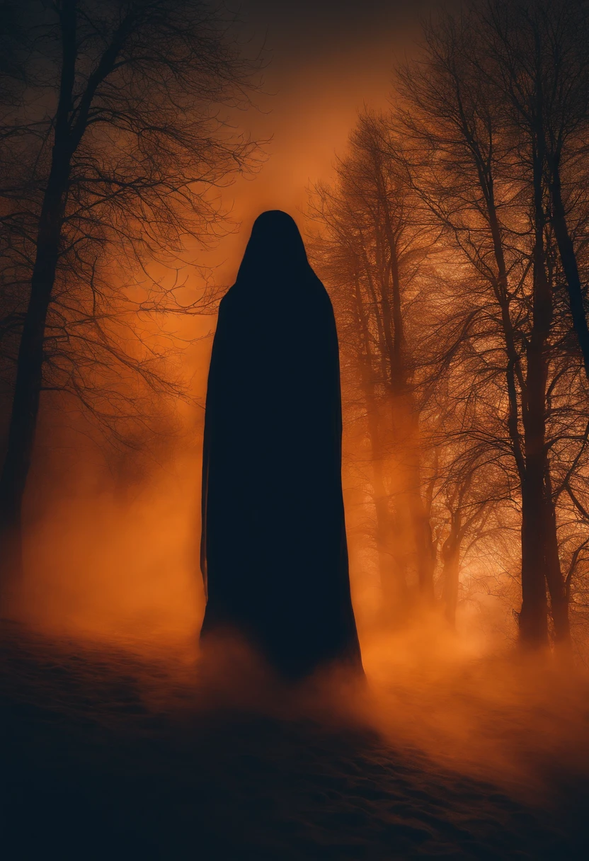 silhouettes of mysterious beings walls in dark blue tones orange smoke looking like a ghost from the past haunting the icy landscape