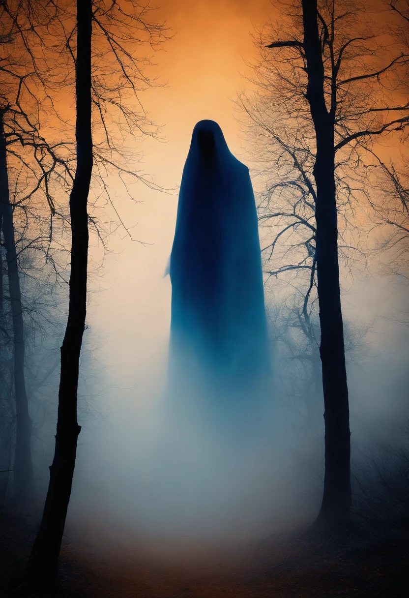 silhouettes of mysterious beings walls in dark blue tones orange smoke looking like a ghost from the past haunting the icy landscape