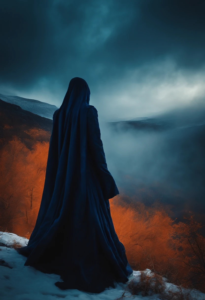 silhouettes of mysterious beings walls in dark blue tones orange smoke looking like a ghost from the past haunting the icy landscape