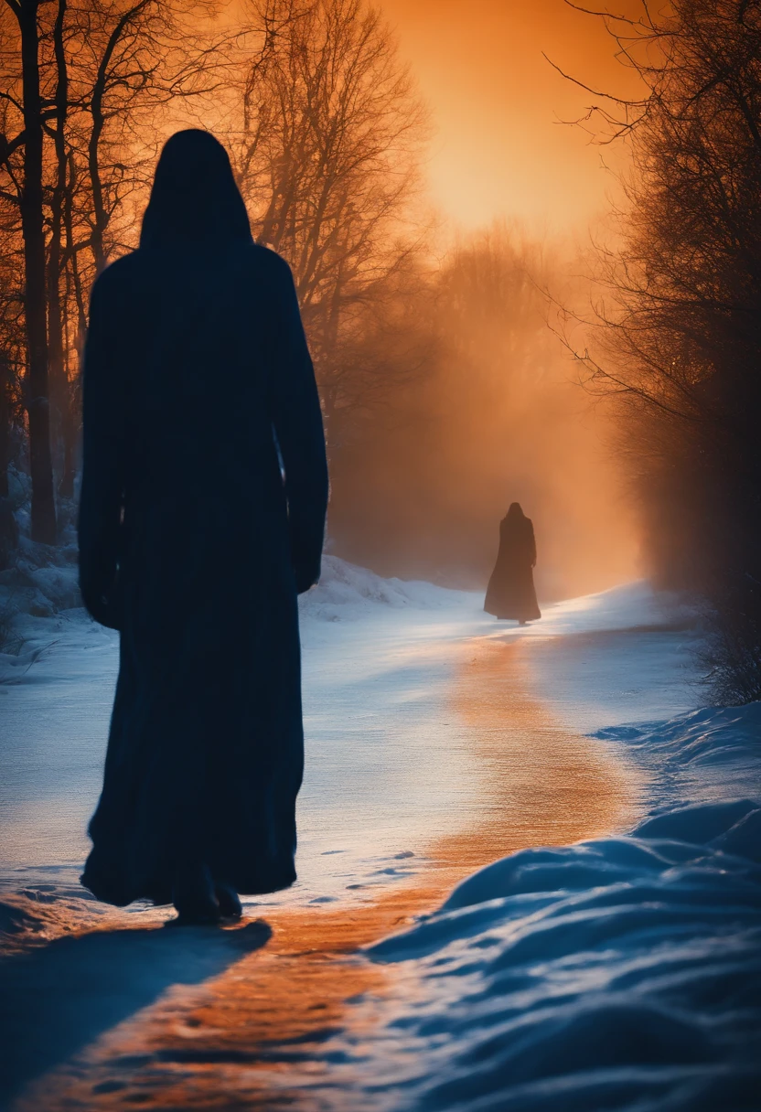 silhouettes of mysterious beings walls in dark blue tones orange smoke looking like a ghost from the past haunting the icy landscape