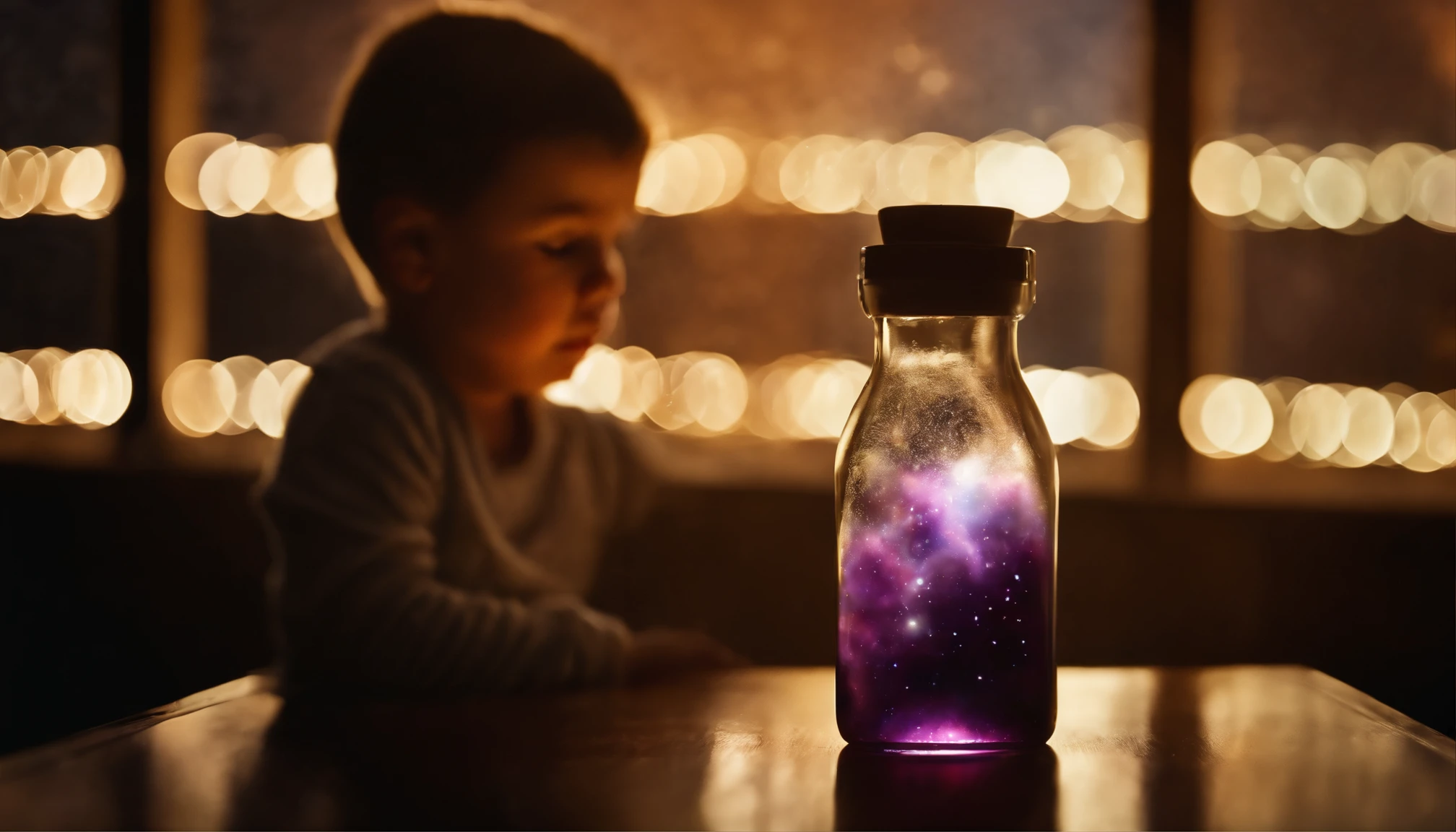 Child looking into glass bottle with nebula inside