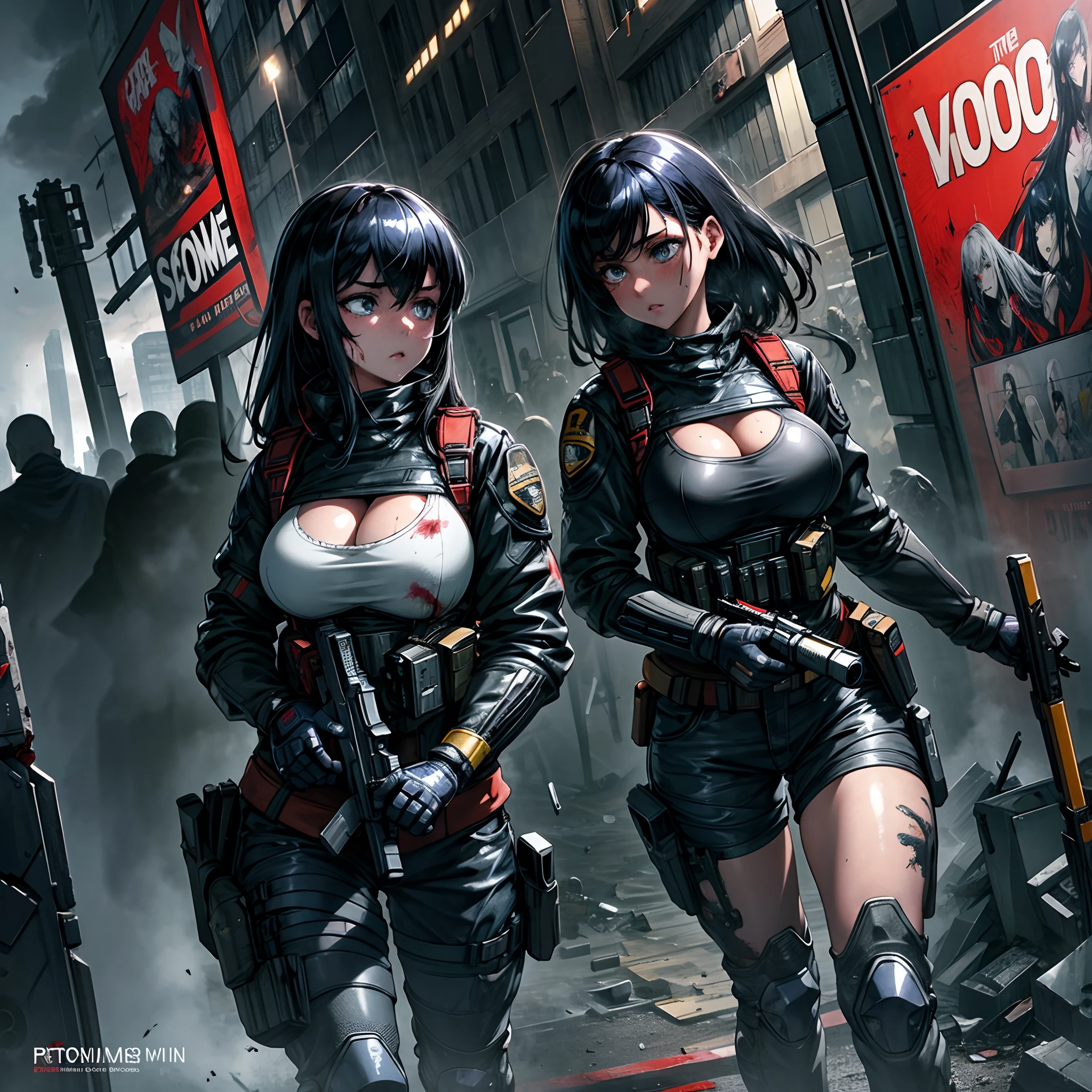 The most beautiful and sexy special forces girl, black hair, blue eyes, wearing highly detailed special forces tactical gear, huge gigantic tits, cleavage showing, battling her way through a zombie apocalypse, action packed scene, high-octane action scene, incredibly cinematic, metal fragments and bullet shell casings blowing in the wind, blood splattered, post apocalyptic city, zombie apocalypse, highly detailed background, perfect masterpiece, high quality, high resolution
