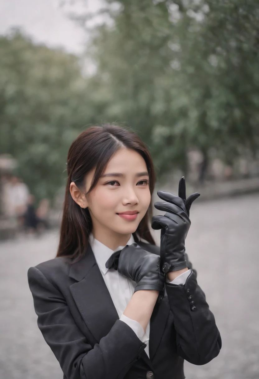 Black leather gloves in both hands, blazer and ribbon uniform, black hair ponytail, upper body, conversation with a smile with a black smartphone, cute Japanese girl (black leather gloves covering both hands) traveling alone